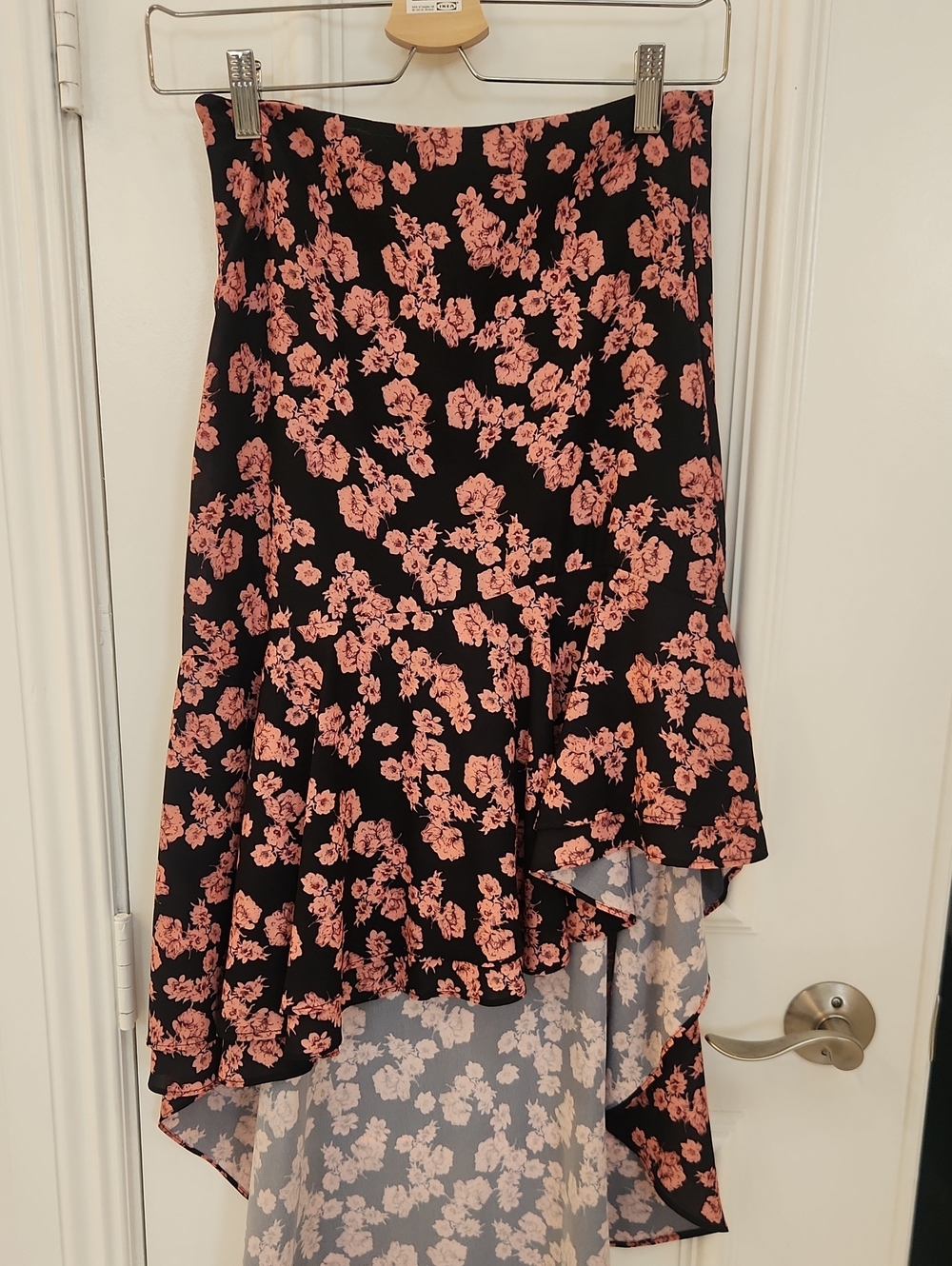 High-Low Floral Skirt in Black with Pink Blossoms
